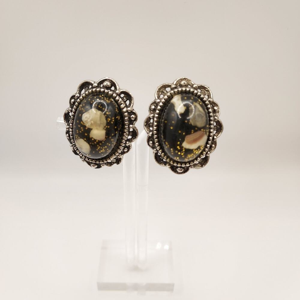 Vintage Clip On Earrings Embedded Acrylic Cabachons Black Gold Silver 1.3"
